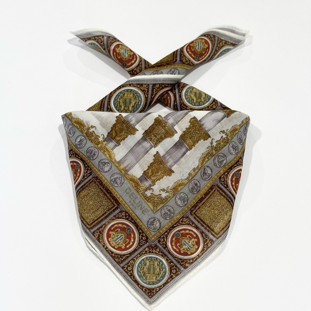 Celine Medallion Print Cotton Mini Scarf in White, Gold, Brown 18.5”
